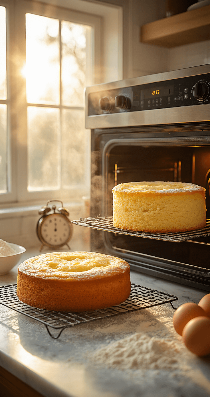 Classic Vanilla Birthday Cake: The Ultimate Celebration Centerpiece An atmospheric kitchen scene featuring two golden vanilla cake layers rising in a warm oven, with steam gently rising and dappled sunlight illuminating nearby wire cooling racks. Flour dust covers the marble countertop, while a softly glowing vintage kitchen timer enhances the cozy ambiance.