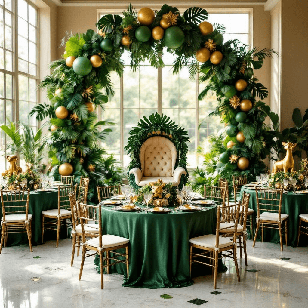 Wild One Birthday Party: The Ultimate Jungle Celebration Guide A lavish indoor ballroom transformed into a jungle-themed birthday party, featuring round tables with emerald silk linens and tall tropical centerpieces, a balloon arch overhead, and light streaming through windows illuminating safari-themed decor on marble floors.