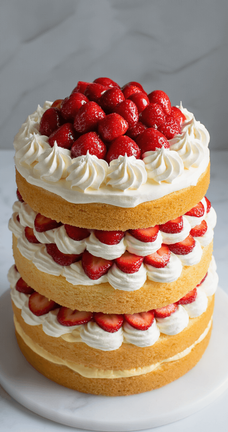 Strawberry Shortcake Layer Cake: The Ultimate Summer Dessert Dramatic overhead view of a multi-layer cake assembly with fluffy vanilla sponge layers, whipped cream peaks, and glossy macerated strawberries on a white marble surface.