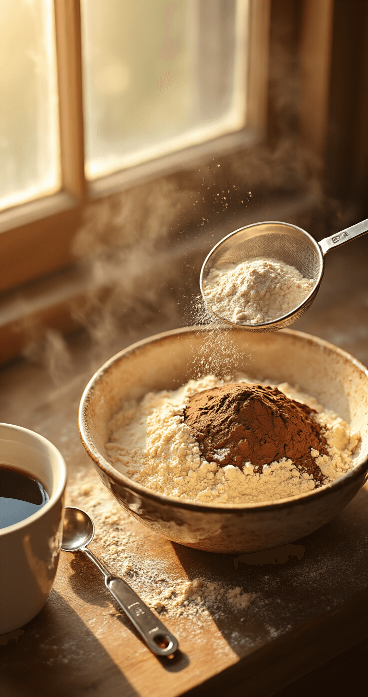 Decadent Mocha Espresso Cupcakes: A Coffee Lover's Dream Dessert Cinematic overhead view of flour, cocoa powder, and espresso powder being sifted in a rustic bowl, with warm golden light casting shadows, measuring spoons scattered, and steam rising from a cup of coffee.