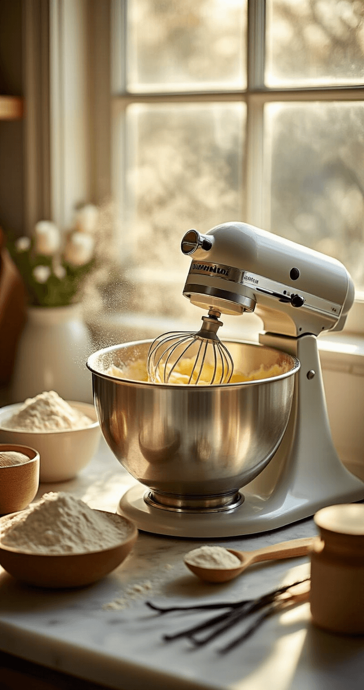 Vanilla Bean Buttercream Cake: The Ultimate Decadent Dessert A stand mixer bowl filled with golden creamed butter and sugar, surrounded by flour, split vanilla beans, and baking tools, illuminated by soft morning sunlight in a cozy kitchen.