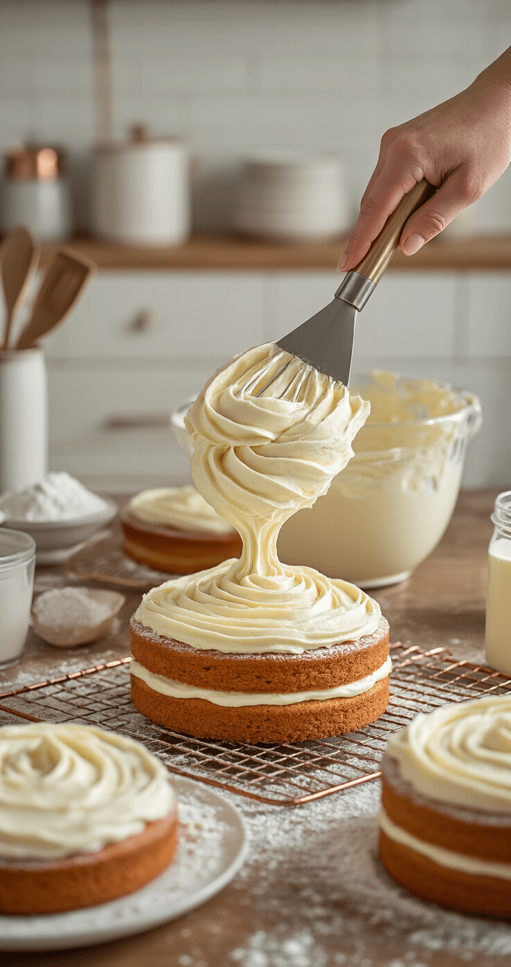 Vanilla Bean Buttercream Cake: The Ultimate Decadent Dessert Silky smooth vanilla bean buttercream with black specks in a mixer bowl, accompanied by a poised offset spatula, surrounded by golden cake layers on cooling racks, a dusting of powdered sugar on a white workspace, and warm lighting in an elegant kitchen with copper accents.