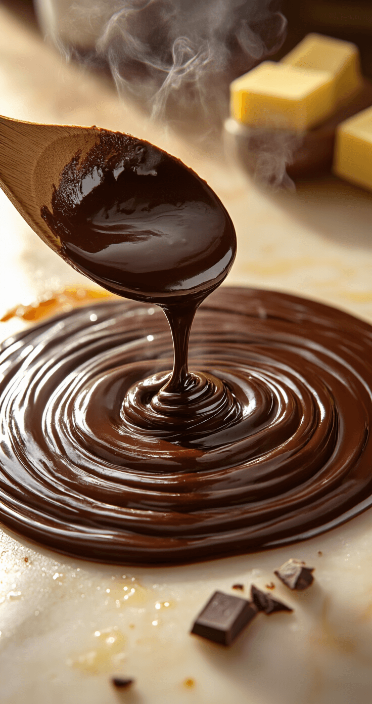 Decadent Chocolate Ganache Cake: A Rich, Irresistible Dessert Cinematic close-up of molten chocolate ganache preparation, featuring glossy dark chocolate chunks dissolving in steaming heavy cream with golden butter melting at the edges, warm amber lighting casting dramatic shadows on a marble countertop, steam rising, and a wooden spoon creating silky swirls.