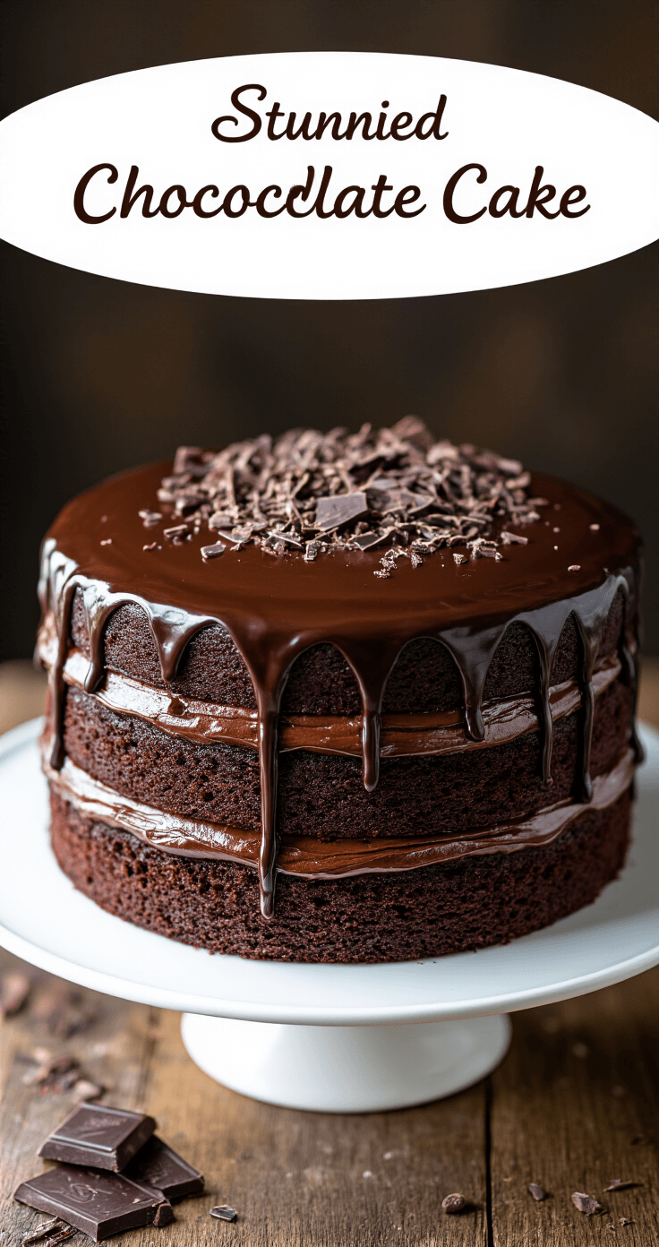 Decadent Chocolate Ganache Cake: A Rich, Irresistible Dessert Overhead view of a finished chocolate ganache cake on a white ceramic stand, featuring glossy ganache drips, visible cocoa layers, and chocolate shavings on a rustic wooden table under soft natural lighting.