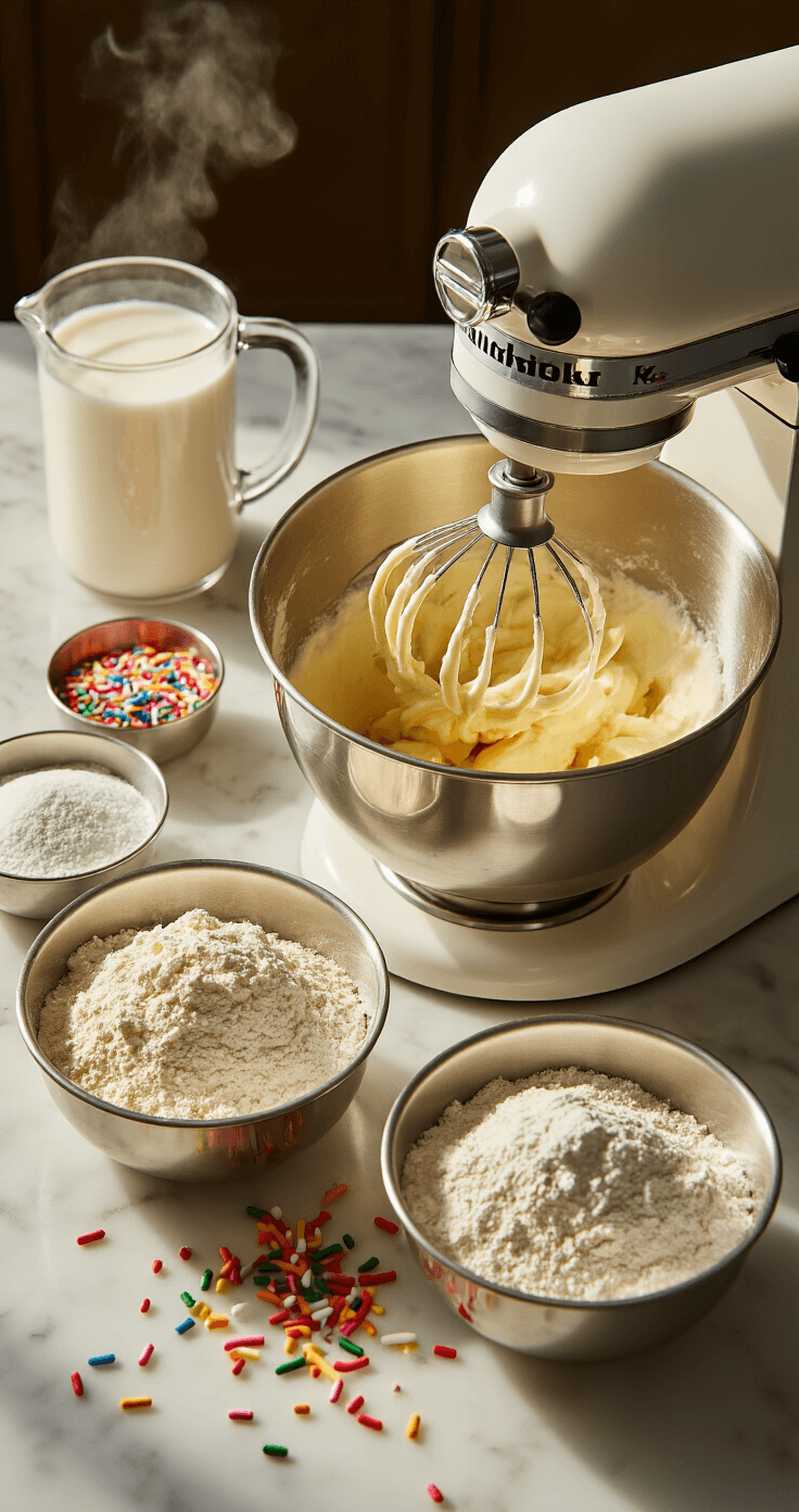 Funfetti Sprinkle Cake: The Ultimate Celebration Dessert Cinematic overhead view of a pristine kitchen prep station featuring a stand mixer whipping creamy butter and sugar, scattered rainbow sprinkles, multiple stainless steel bowls of sifted flour and measured ingredients, steam rising from buttermilk, and warm golden light casting soft shadows across a marble countertop.