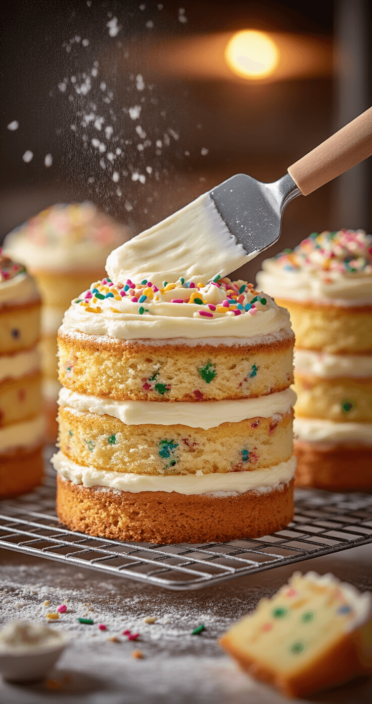 Funfetti Sprinkle Cake: The Ultimate Celebration Dessert Dramatic close-up of three golden funfetti cake layers on wire racks with colorful sprinkles, an offset spatula smoothing white buttercream frosting, warm oven light in the background, and flour dust floating in the air.