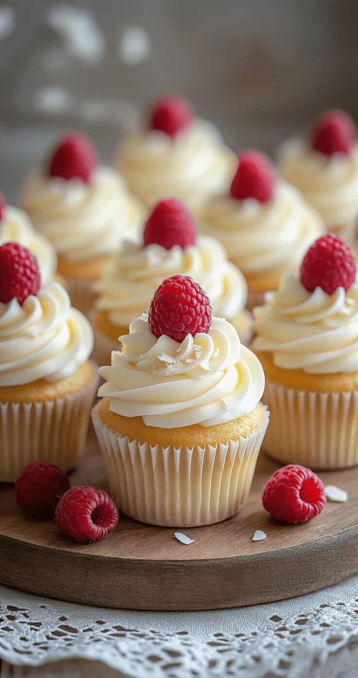 White Chocolate Raspberry Cupcakes: A Decadent Delight Luxurious close-up of elegantly piped white chocolate buttercream cupcakes adorned with fresh raspberries and white chocolate shavings, displayed on a rustic wooden board with soft natural light illuminating the scene.