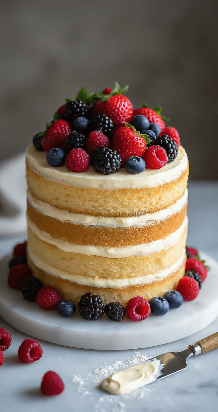 Naked Berry Wedding Cake: A Stunning Rustic Dessert Masterpiece Artistic close-up of a naked cake on a marble turntable, showcasing layers of golden sponge and mascarpone cream, adorned with fresh strawberries, blackberries, raspberries, and blueberries, with a palette knife dusted with cream nearby.