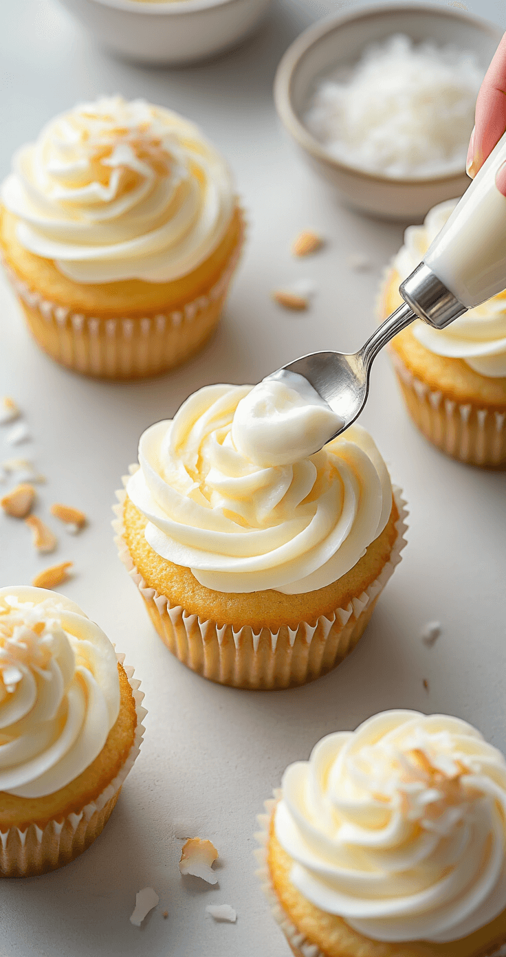 Coconut Cream Cupcakes: A Tropical Bakery-Style Delight Elegant overhead shot of golden cupcakes being filled with coconut cream, with a piping bag of frosting and toasted coconut flakes nearby, all in soft natural lighting.