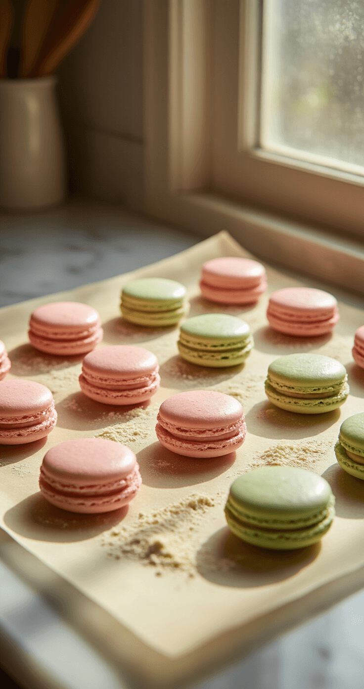 French Macarons Trio: A Delicate Dance of Flavor and Technique Close-up of piped macaron shells in pastel colors on parchment paper with golden hour lighting, set on a marble countertop dusted with almond flour, capturing a warm and clean professional bakery atmosphere.