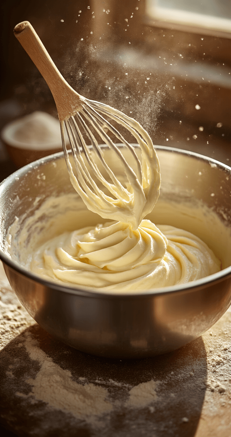 Mini Cheesecakes with Berry Topping Close-up of cream cheese being whipped in a stainless steel mixing bowl, illuminated by warm golden light, with droplets of vanilla extract glistening and a wooden spoon creating swirls, surrounded by a cozy bakery atmosphere with floating flour dust particles.