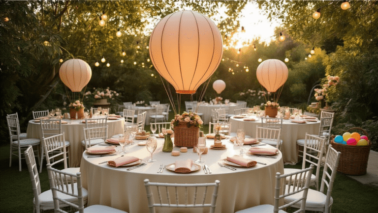 Elegant outdoor garden photography workshop setup with round tables, ivory silk linens, blush napkins, white chiavari chairs, and miniature hot air balloon centerpieces, bathed in golden hour sunlight with string lights, featuring marble cake stands of balloon-shaped macarons, scattered camera equipment, and colorful water balloons in wicker baskets, all in a warm and inviting atmosphere.