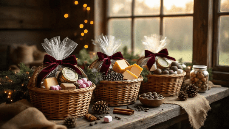 Cinematic view of elegant Christmas gift baskets filled with gourmet treats on a rustic barn wood surface, illuminated by golden hour lighting, featuring artisan cocoa, gourmet coffee, cheeses, chocolate truffles, marshmallows, and adorned with velvet ribbons, fairy lights, and natural accents.
