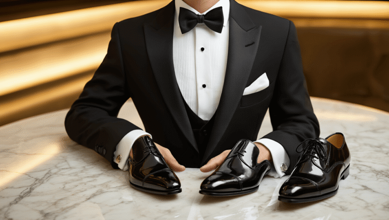 Classic black tuxedo ensemble featuring a tailored jacket, white dress shirt, black bow tie, silver cufflinks, and patent leather shoes on a clean marble surface with warm golden lighting.