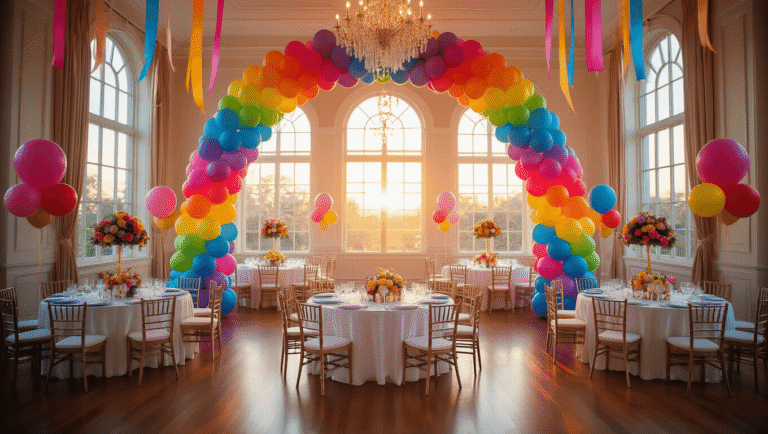 Cinematic wide-angle view of an elegant ballroom adorned with a rainbow balloon arch, pastel table centerpieces, vibrant streamers, and warm natural light, creating a festive atmosphere during golden hour.