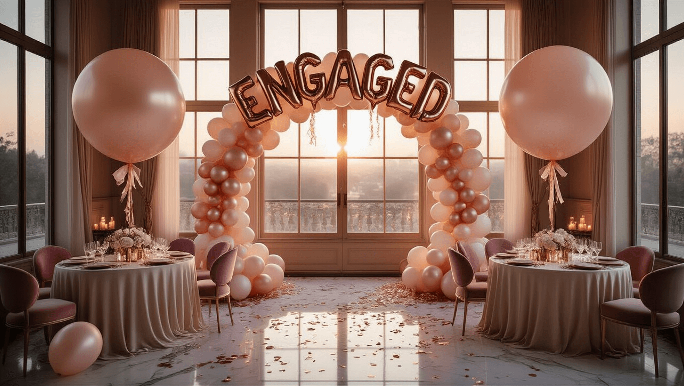 Elegantly decorated engagement party with rose gold, blush pink, and cream balloon arch, luxurious round tables, metallic "ENGAGED" balloons, soft candlelit ambiance, and fairy lights.