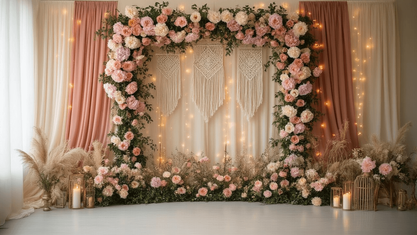 Elegant event backdrop with blush pink peonies, cream roses, chiffon drapes in terracotta and sage green, macrame hangings, oversized lavender paper flowers, golden fairy lights, wooden and brass accents, and soft candlelight, captured during golden hour with dreamy bokeh effects.
