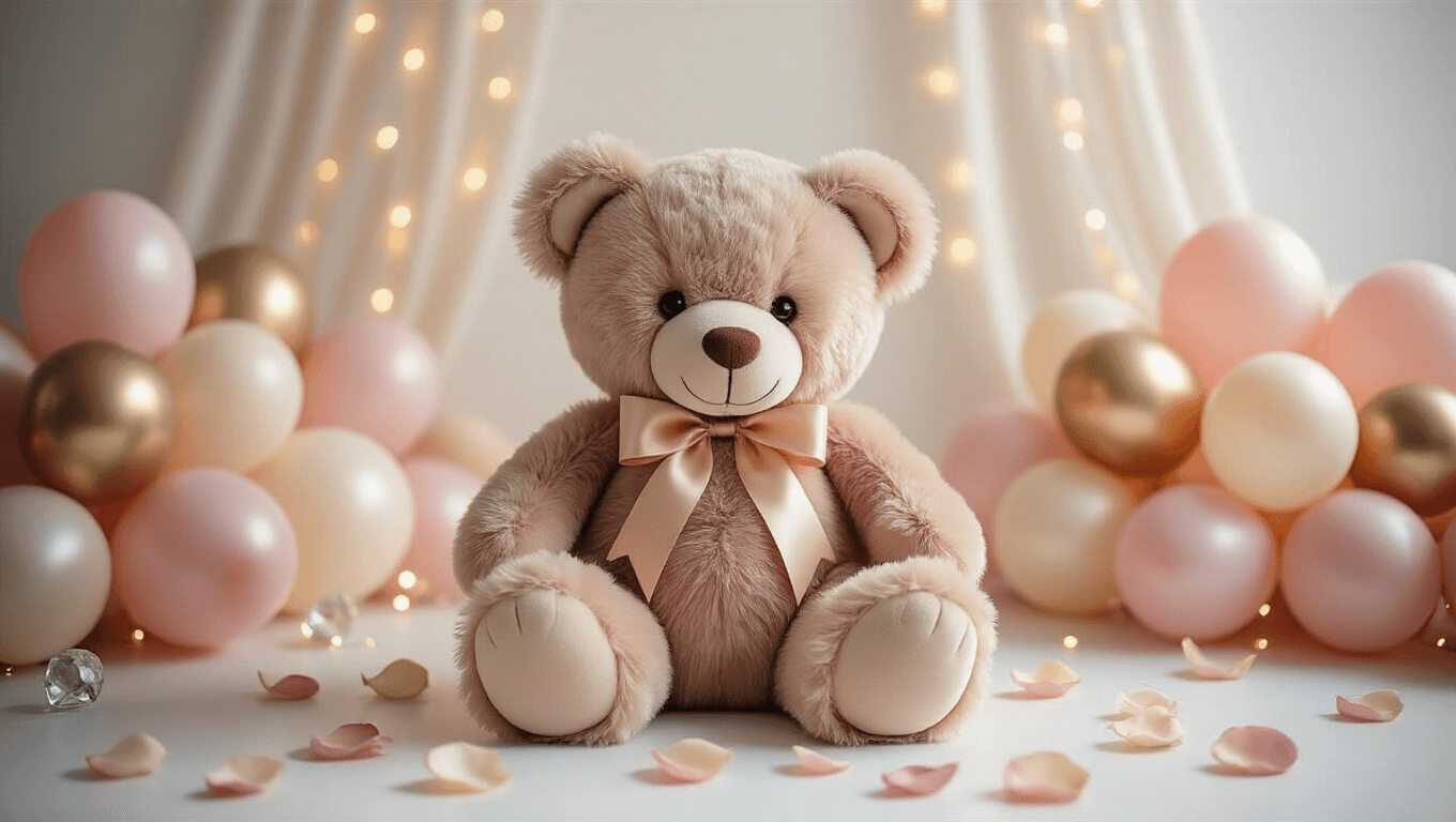 A plush teddy bear centerpiece surrounded by blush pink, cream, and gold balloons on a white backdrop, illuminated by soft golden hour lighting, with scattered rose petals and sparkling crystal elements, creating a whimsical and luxurious party decor atmosphere.