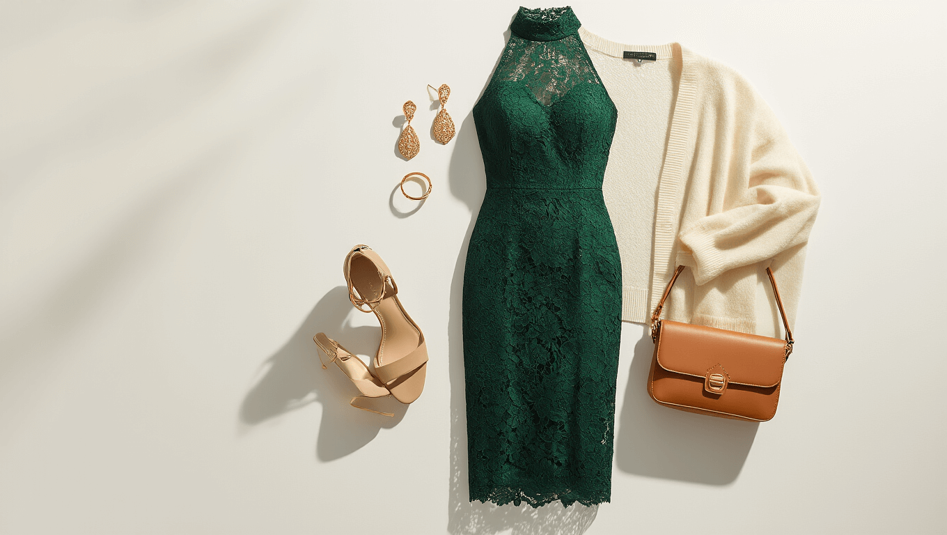 Elegant emerald green high-neck lace midi dress with gold drop earrings, stacking rings, nude strappy heels, cognac leather crossbody bag, and cream cashmere cardigan on a white background.