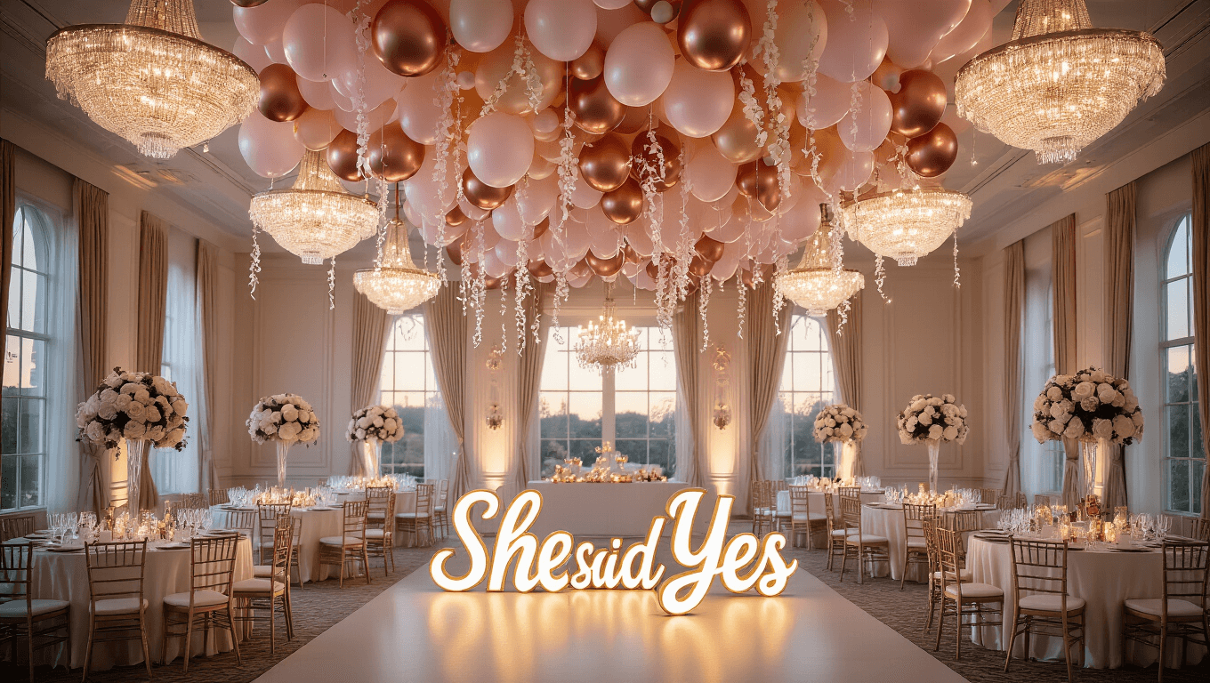 Cinematic wide-angle shot of an elegant ballroom decorated for an engagement celebration, featuring a stunning installation of blush pink, rose gold, and ivory balloons with cascading garlands, crystal chandeliers, silk ivory linens on reception tables, and soft natural light filtering through tall arched windows, creating a romantic and celebratory atmosphere.
