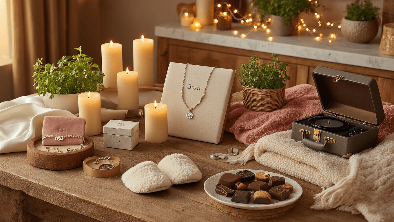 Elegant gift display showcasing personalized jewelry, spa sets, tech accessories, and artisan chocolates, beautifully arranged on rustic wooden surfaces with warm candlelight and rich textures in a cozy, intimate atmosphere.