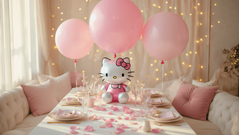 Cinematic overhead shot of Hello Kitty balloons in pastel hues above an elegant party setup, featuring giant character balloons, silk streamers, rose petals, and warm golden hour lighting, creating a cozy atmosphere with fairy lights bokeh in the background.