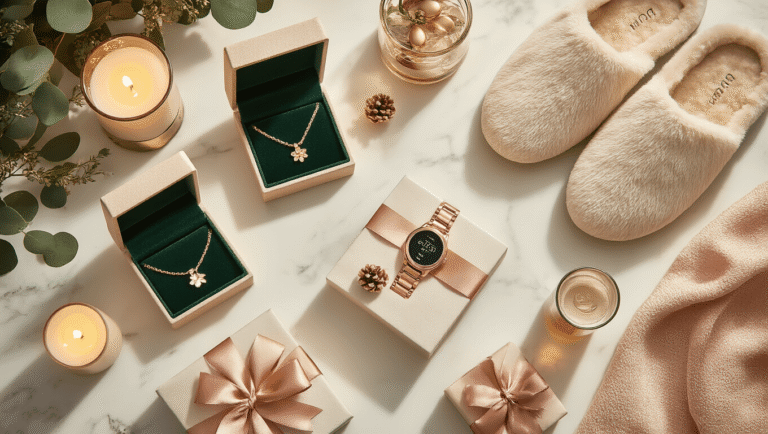 Cinematic overhead view of a luxurious Christmas gift arrangement on a marble surface, showcasing personalized jewelry, plush slippers, a smartwatch, spa sets, and a temperature control mug, all adorned with silk ribbons and fresh florals under warm golden lighting.
