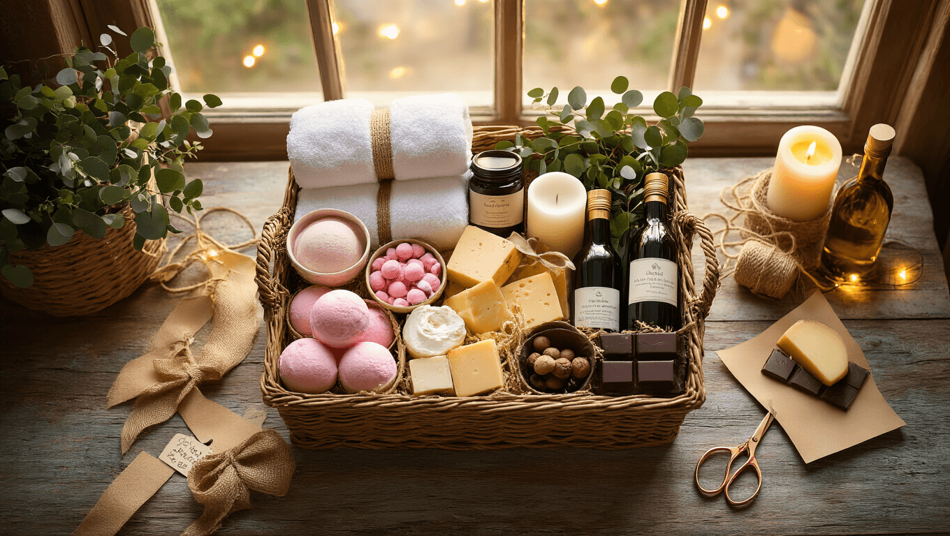 Cinematic overhead view of a beautifully arranged luxury gift basket on a rustic wooden table, featuring spa items, gourmet foods, and decorative elements, illuminated by warm sunlight and surrounded by eco-friendly materials.