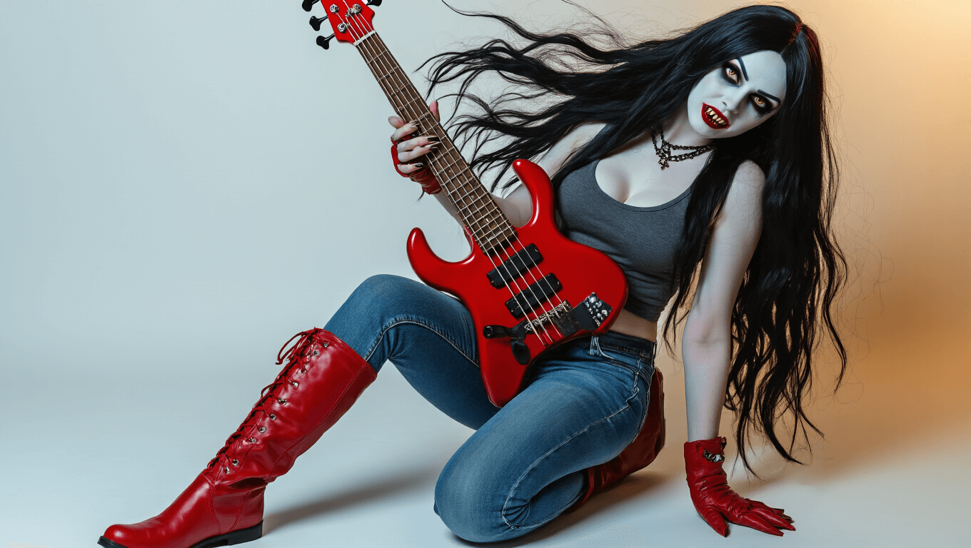 A confident woman in Marceline cosplay with a charcoal gray tank top and blue skinny jeans, wearing striking red knee-high leather boots and holding a red electric bass guitar, set against a clean white background with moody warm golden highlights.