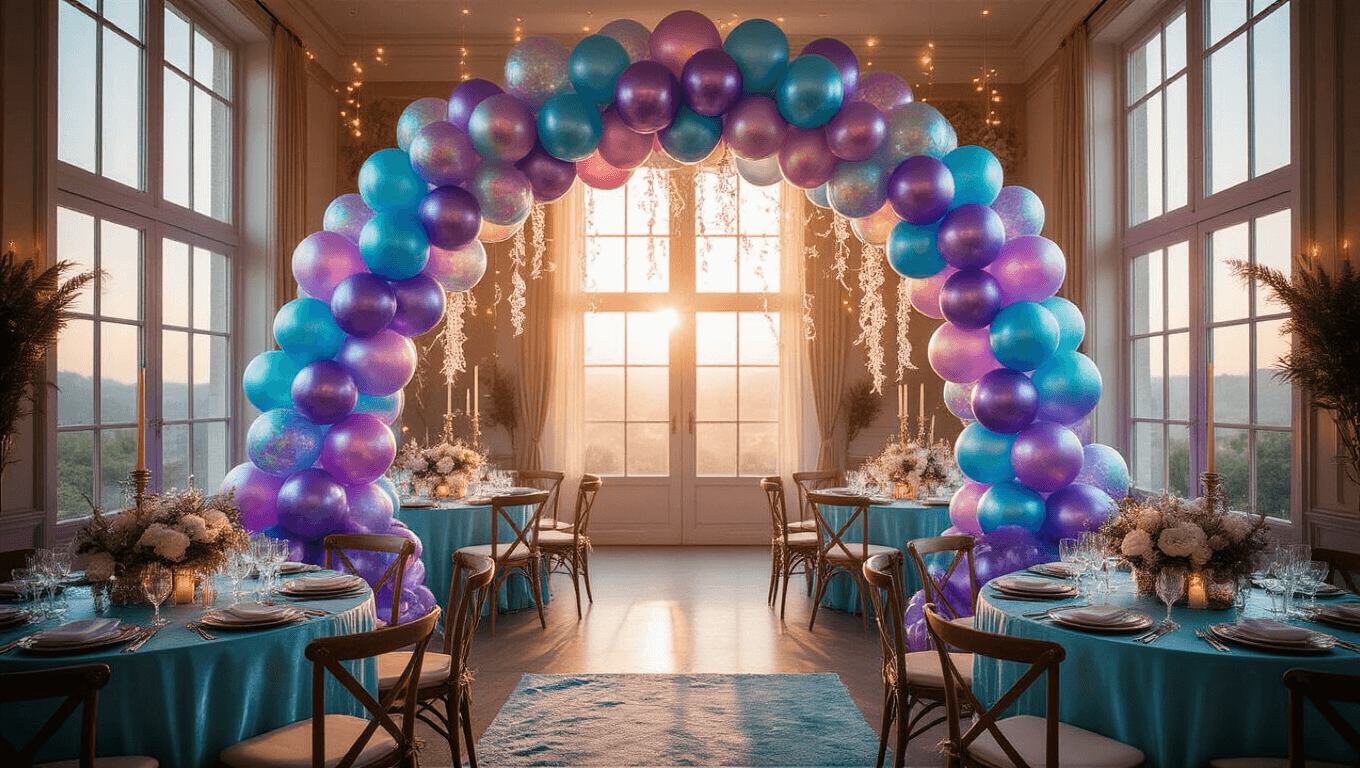 Cinematic wide-angle shot of an elegantly decorated ballroom featuring a shimmering mermaid balloon arch in iridescent colors, round tables with aqua silk linens and fresh florals, and warm candlelight creating a magical underwater atmosphere.