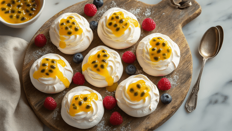 Cinematic overhead shot of mini pavlovas topped with cream and passionfruit, surrounded by fresh berries on a rustic wooden board, with warm natural lighting and elegant food styling.