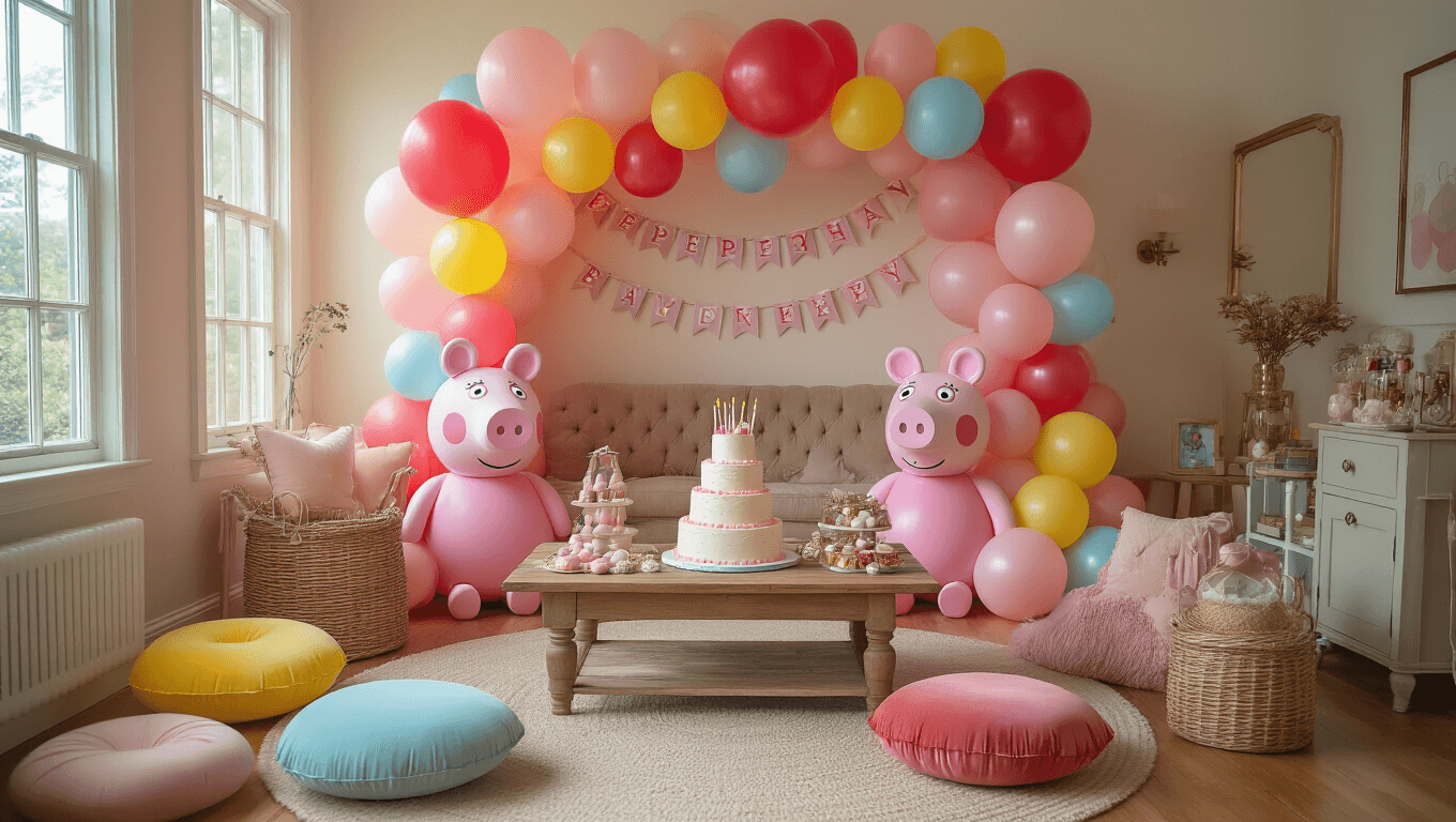 A cozy living room transformed into a Peppa Pig-themed party, featuring vibrant mylar balloons, a tiered birthday cake, pastel decorations, theme banners, plush cushions, and fairy lights illuminating the scene.
