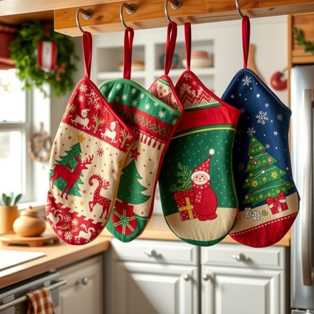 50 Creative Ideas for Christmas Kitchen Decor Colorful holiday-themed oven mitts hanging in a kitchen