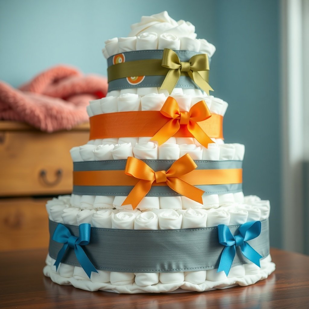50 Festive Ideas for Creating the Ultimate Christmas Diaper Cake A beautifully crafted Christmas diaper cake with layers of white diapers and colorful ribbons.