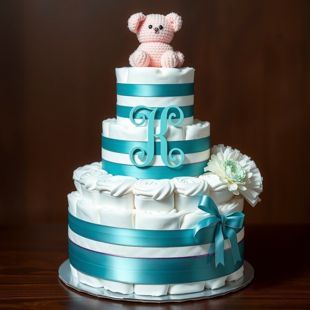 50 Festive Ideas for Creating the Ultimate Christmas Diaper Cake A three-tiered diaper cake with teal ribbons and a monogrammed 'K', topped with a pink teddy bear.