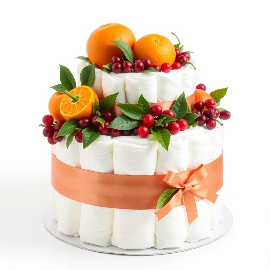 50 Festive Ideas for Creating the Ultimate Christmas Diaper Cake A Christmas diaper cake decorated with oranges, cranberries, and green leaves.