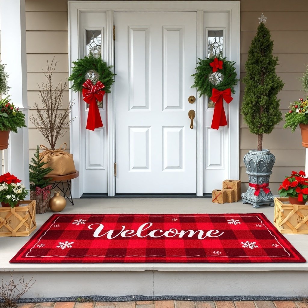 50 Stunning Christmas Porch Decor Ideas to Transform Your Home A welcoming Christmas porch with a red checkered rug that says 'Welcome', surrounded by festive decorations.