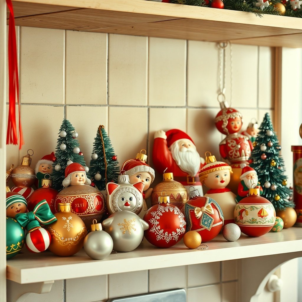50 Creative Ideas for Christmas Kitchen Decor A collection of vintage Christmas ornaments on a shelf, featuring Santa figures, colorful baubles, and small Christmas trees.