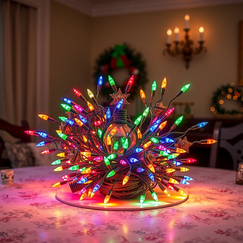 50 Stunning Christmas Table Centerpieces to Elevate Your Holiday Decor A festive centerpiece made of colorful Christmas lights on a dining table.