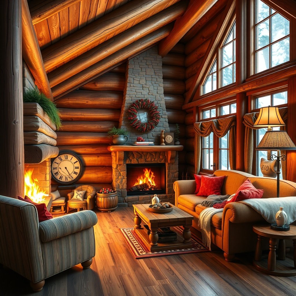 50 Festive December Wallpapers to Brighten Your Screen Cozy ski lodge interior with a fireplace, wooden beams, and festive decorations.