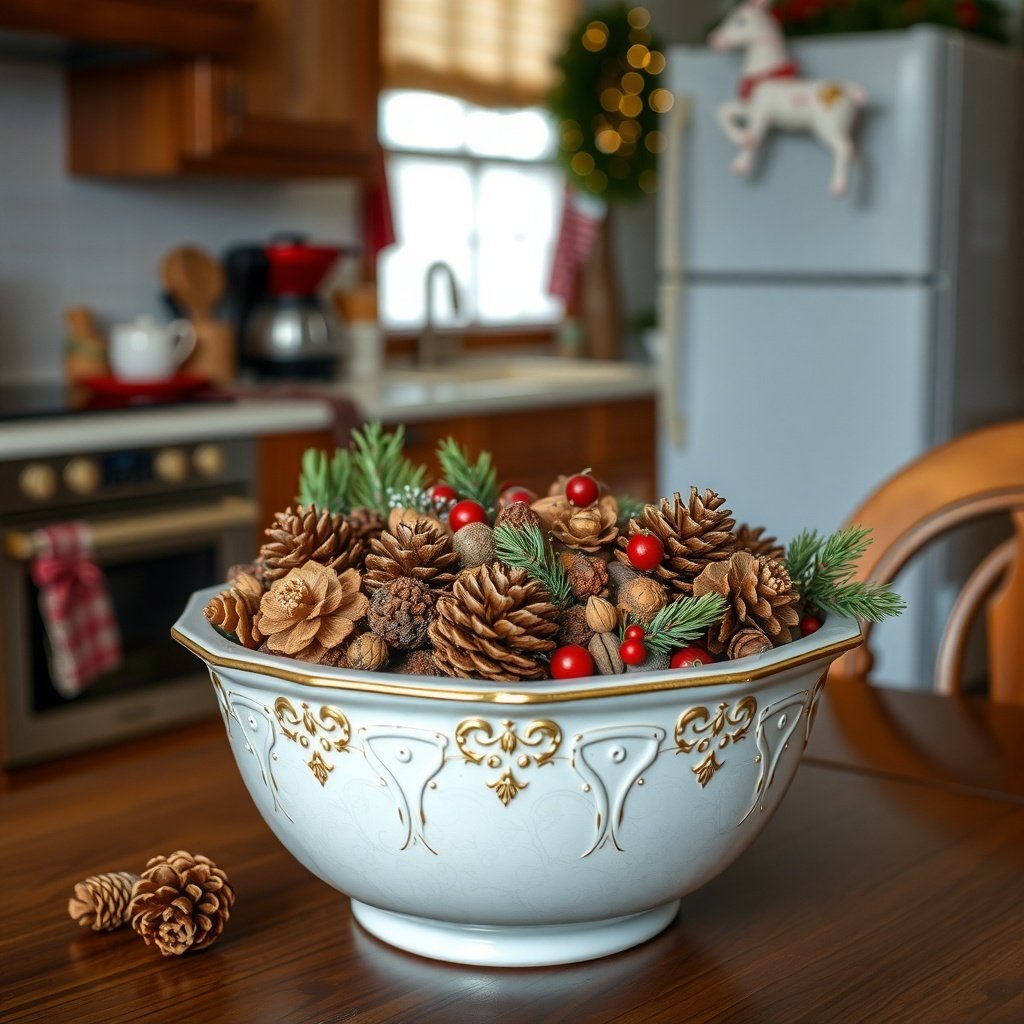 50 Creative Ideas for Christmas Kitchen Decor A decorative bowl filled with pinecones, berries, and greenery, set in a cozy kitchen.