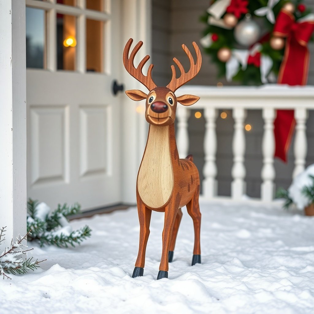 50 Stunning Christmas Porch Decor Ideas to Transform Your Home A wooden reindeer figure standing on a snowy porch, surrounded by holiday decor.