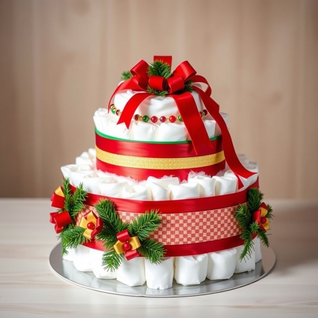 50 Festive Ideas for Creating the Ultimate Christmas Diaper Cake A beautifully decorated Christmas diaper cake featuring red and green ribbons, small ornaments, and faux pine.