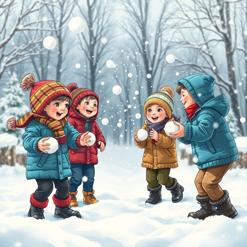 50 Festive December Wallpapers to Brighten Your Screen Kids playing in the snow, having a snowball fight in colorful winter clothing.