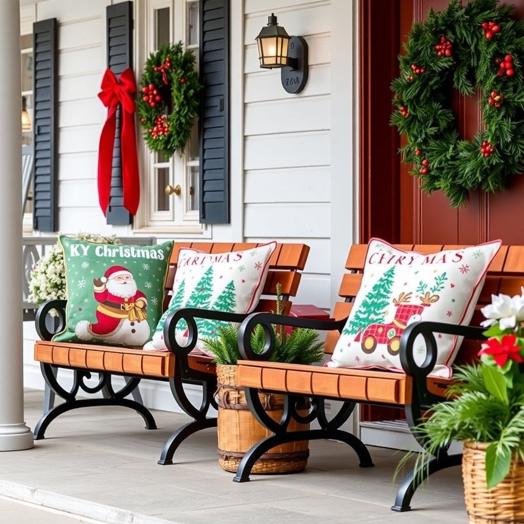 50 Stunning Christmas Porch Decor Ideas to Transform Your Home A cozy porch decorated for Christmas with holiday-themed pillows featuring Santa and a Christmas truck, surrounded by wreaths and festive decor.