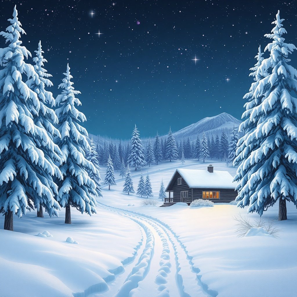 50 Festive December Wallpapers to Brighten Your Screen A cozy cabin in a snowy landscape under a starry night sky.