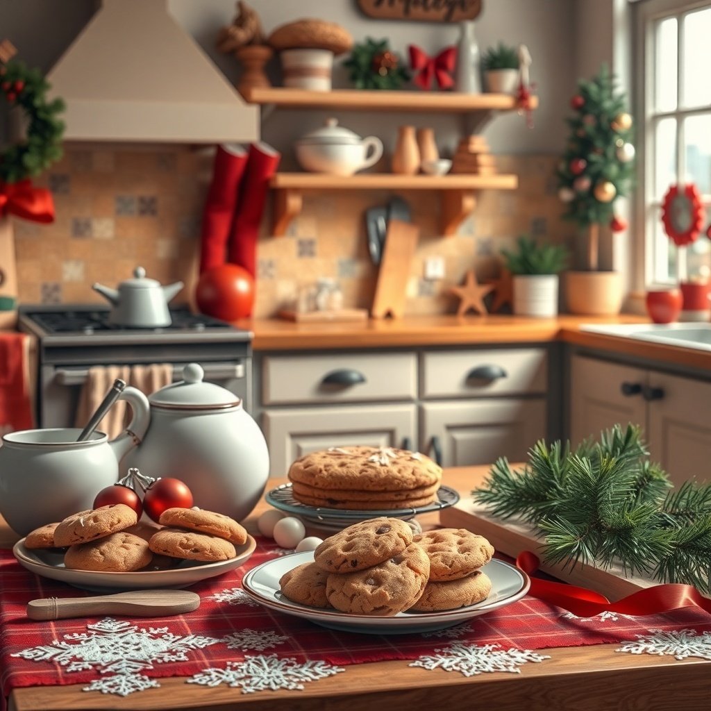 50 Festive December Wallpapers to Brighten Your Screen A cozy kitchen decorated for the holidays, featuring freshly baked cookies on a festive table.