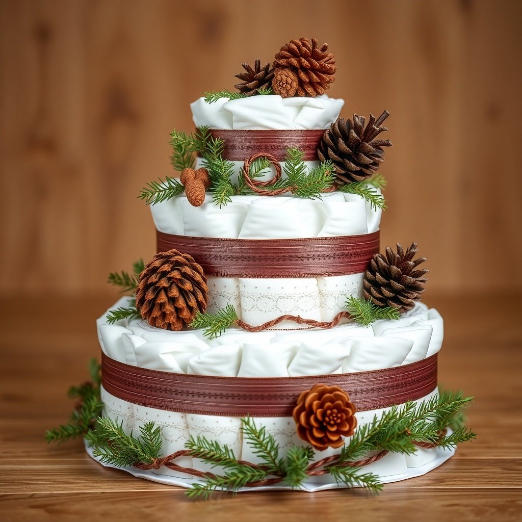 50 Festive Ideas for Creating the Ultimate Christmas Diaper Cake A beautifully arranged Christmas diaper cake featuring layers of white fabric, brown ribbons, pinecones, and greenery.