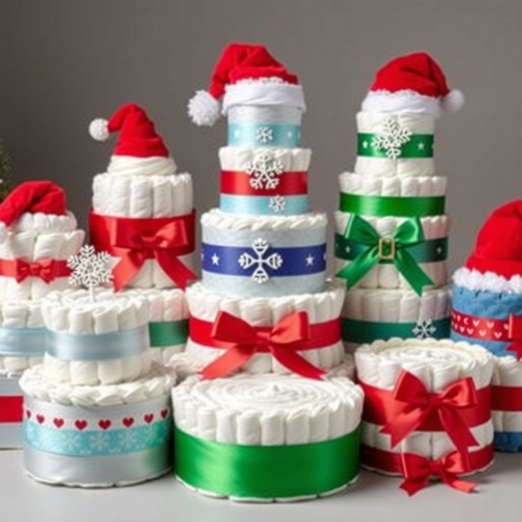 50 Festive Ideas for Creating the Ultimate Christmas Diaper Cake A collection of Christmas-themed diaper cakes decorated with ribbons and Santa hats.