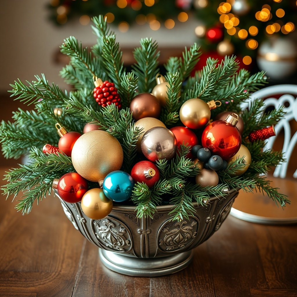 50 Stunning Christmas Table Centerpieces to Elevate Your Holiday Decor A festive centerpiece featuring colorful ornaments and evergreen branches in a decorative bowl.